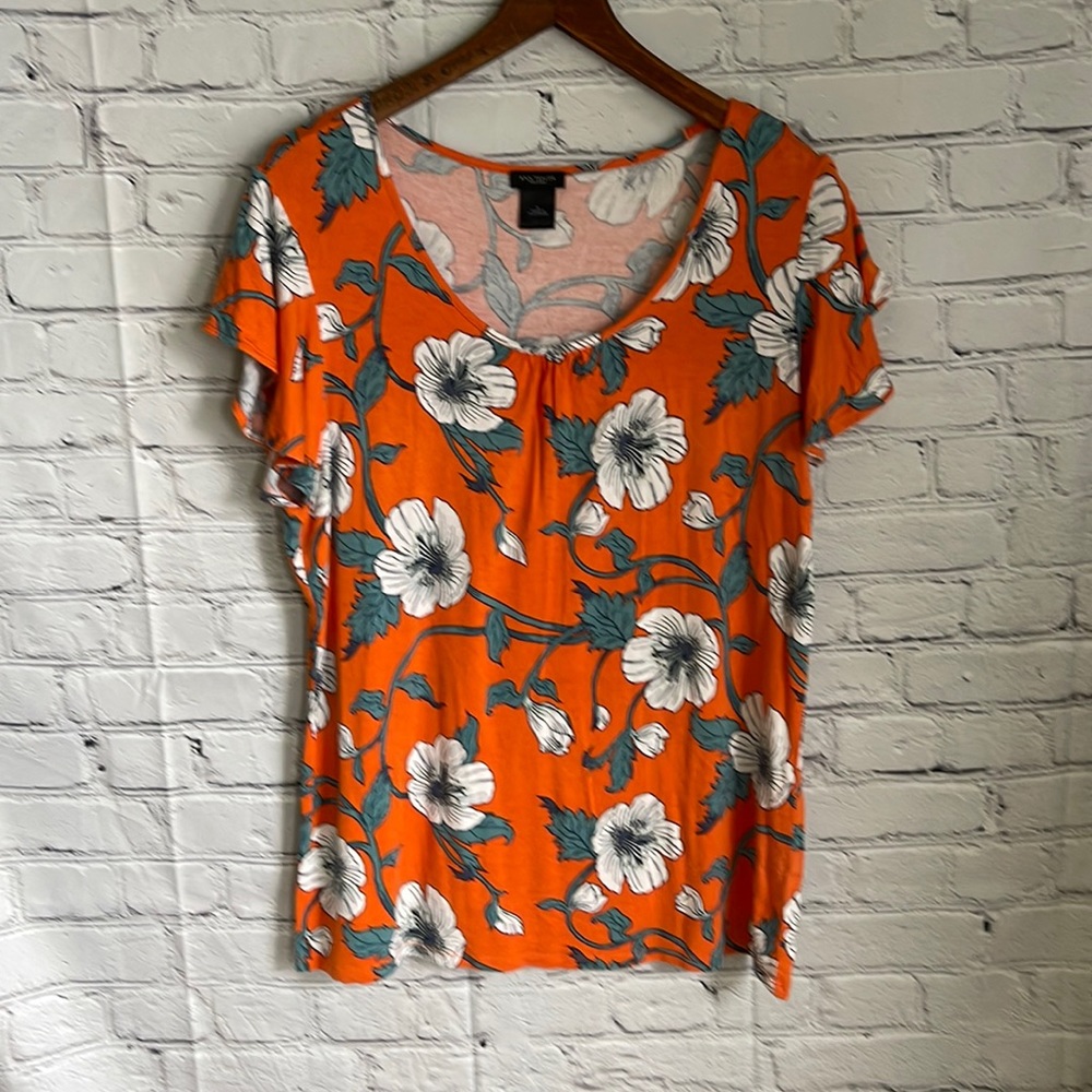 Ann Taylor Factory Orange, Grey, White Tropcal Print Tee Shirt Size L